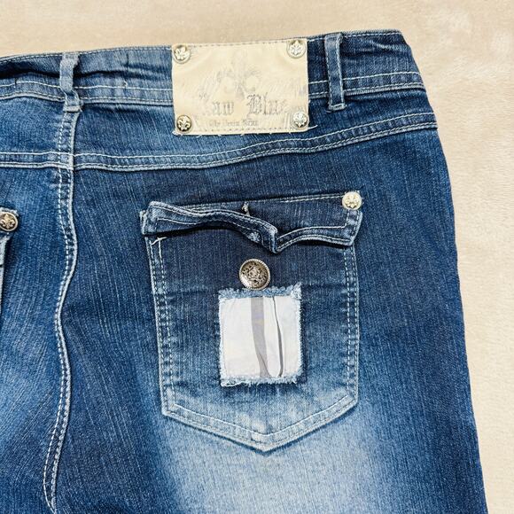 RawBlue Jeans Womens 9/10 Dark Wash Blue Denim Mid Rise Skinny 32" Destroyed Y2K - Picture 8 of 12